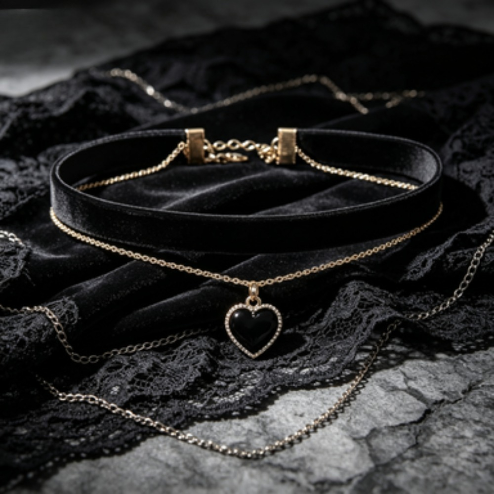 Layered Pendant Necklace Aesthetic - Многослойное черное колье-чокер с подвеской в