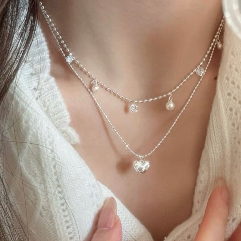 Layered Pendant Necklace Aesthetic - Двухслойное серебряное колье-чокер с бусинами и
